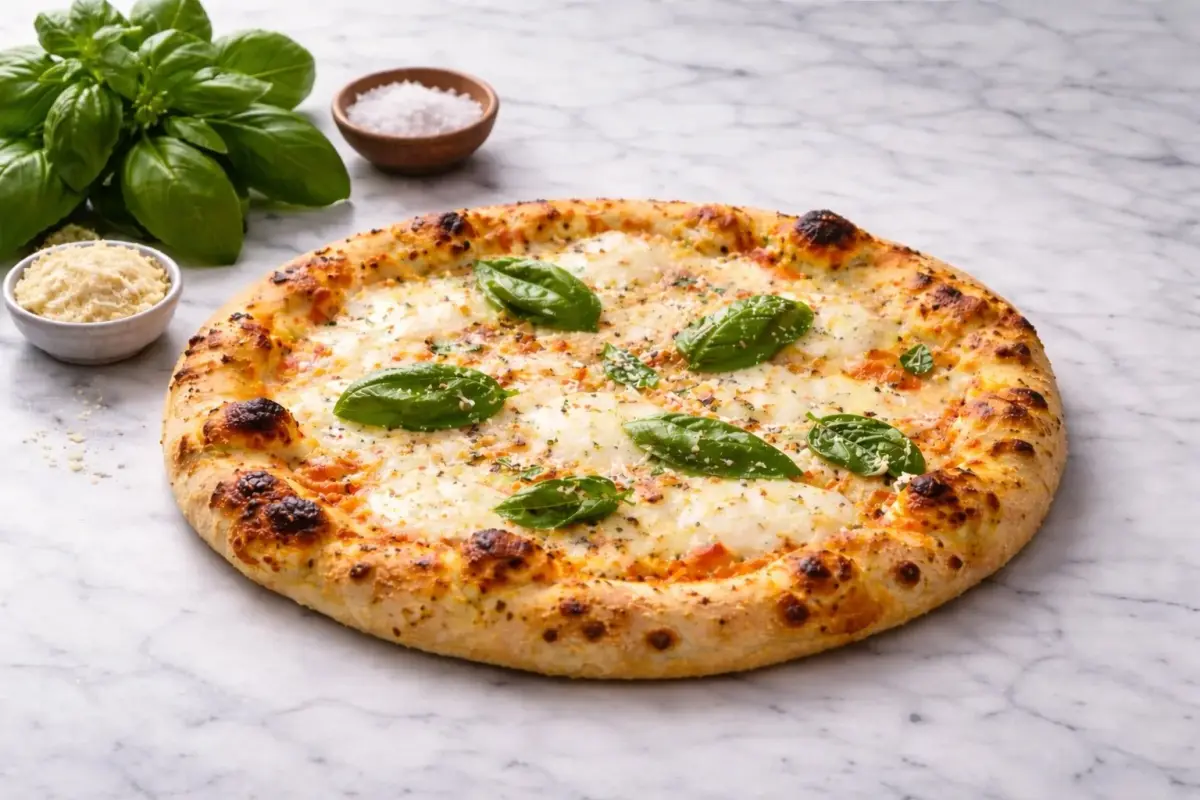 Artisanal Margherita pizza with a light, blistered crust on a marble counter